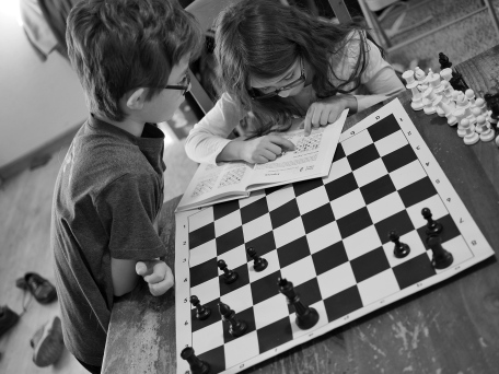 They were having a great time with a chess tactics book this morning.